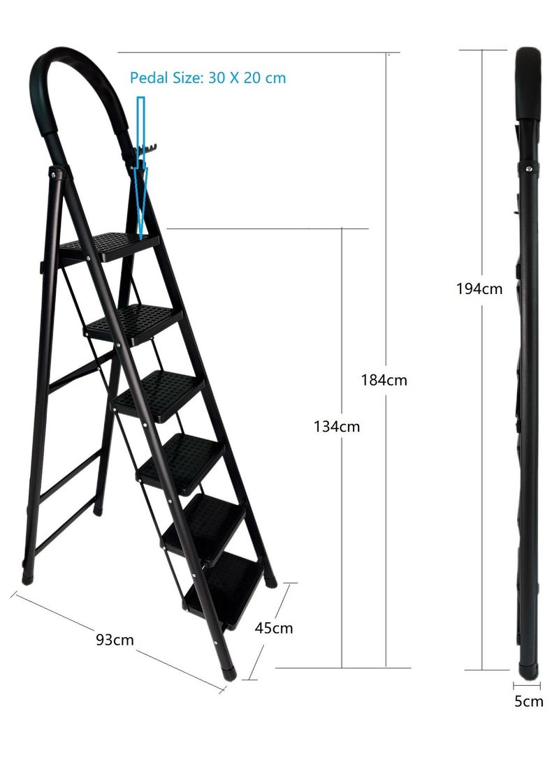 كابجون سلم قابل للطي بخطوات للاستخدام المنزلي، سلم قابل للطي بالخدمة الشاقة مع درع ودواسات عريضة غير انزلاقية، سلم فولاذي خفيف الوزن للمطبخ والمكتب والمكتبة والمستودعات (أسود، 6 درجات) - Image 2